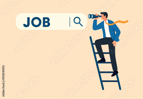 Looking for new job, employment, career or job search, find opportunity, seek for vacancy or work position concept, businessman climb up ladder of job search bar with binoculars to see opportunity