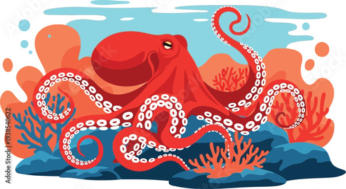 Red octopus swimming underwater with coral reef and rocks