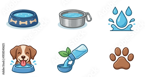 Flat cartoon vector set of six pet water icons with dog drinking bowl close up front view playful blue lighting cheerful