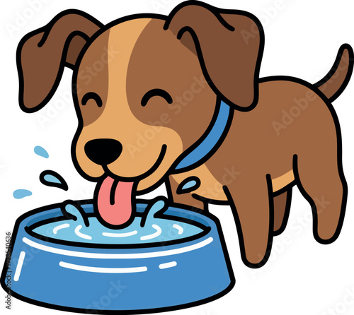Flat cartoon vector close up of smiling brown puppy drinking from blue water bowl tongue out looking low angle playful