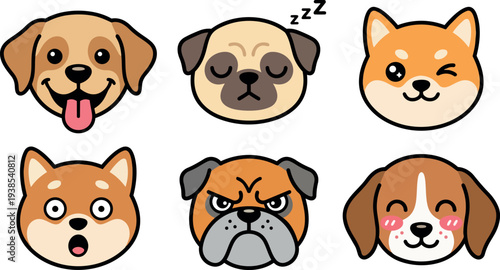 Flat design six playful dog face icons showing varied expressions including winking sleeping tongue out surprised angry blushing orange tan