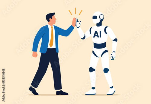 Working together with AI Artificial Intelligence, human cooperate with machine or robot, AI help or support coworker, assistance or partnership concept, businessman hand high five with robot hand