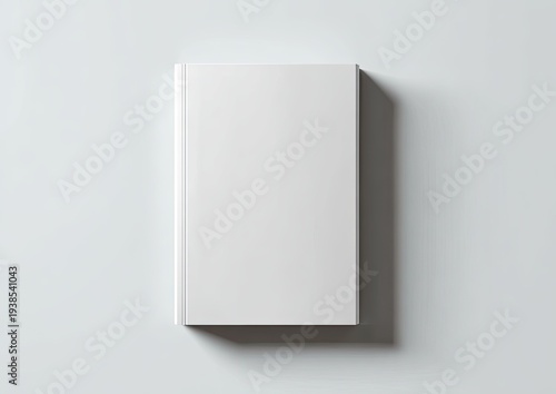 A blank, white, hardbound book lies flat on a light gray surface