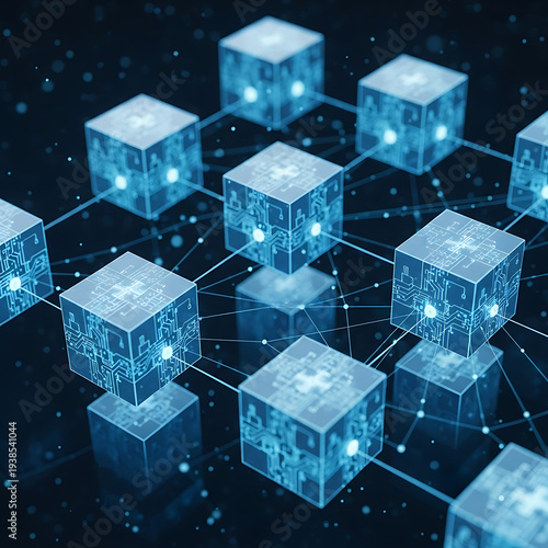 Abstract blockchain technology concept with glowing digital data cubes on dark background