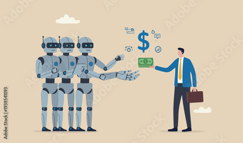 Artificial intelligence AI make money licensing resource training payment, automation team investment, robot trading banking concept, AI robot giving dollar money businessman