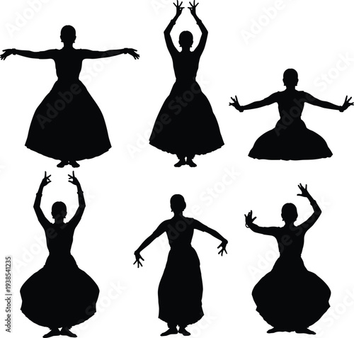 Dance silhouettes, flowing skirt poses, expressive movement, classical stance, black vector set, elegant icons, choreography illustration, cultural performance