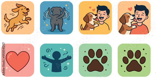 Flat design rounded icon set showing playful happy dog running licking owner and paw prints with heart in pastel colors