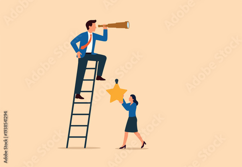 Success ladder for business opportunity, looking for new job or career path, leadership discovery or searching for success concept, smart businessman climb up ladder look through telescope visionary