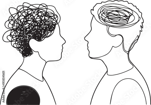 Mental Confusion vs Clear Thinking Psychology Concept Two Human Heads Line Art Illustration