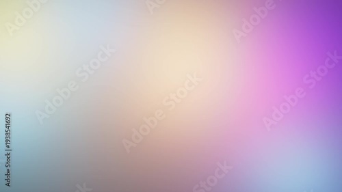 Seamless loop of 3D abstract animation featuring blurred gradient light spots. Soft yellow, pink, blue and purple colors flowing slowly across the screen. Modern ethereal bokeh background motion.