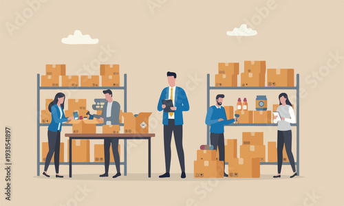 Checking together style of the illustration is modern, flat design with clean lines and minimal shading businessman entrepreneur starting business checking package before shipping