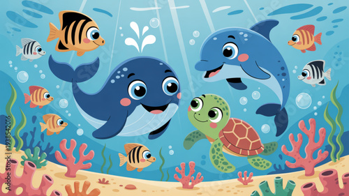 Smiling dolphins and turtle swim with colorful fish underwater in coral reef ecosystem with seaweed and bubbles