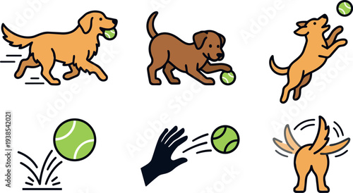 Flat design playful dog icon set showing golden retriever and brown puppy fetching tennis ball in motion side view jumping