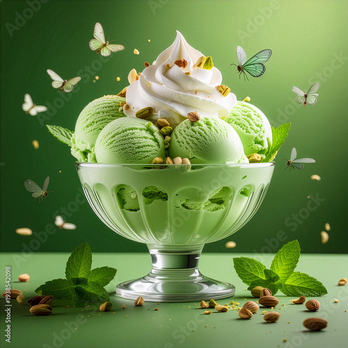 Gourmet pistachio ice cream sundae with whipped cream, mint, and nuts. A magical, whimsical dessert with flying butterflies on a fresh green background. Delicious and refreshing summer treat concept.