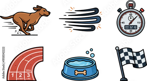 Flat design dynamic running dog in profile with speed lines stopwatch track segments water bowl and checkered flag, energetic playful