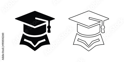 Graduation cap and gown icon set for academic and educational institutions