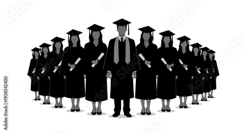 Illustration of a group of people in black graduation gowns and caps standing in a line on a white background, symbolizing education and scholar achievement in a simple, vector style.