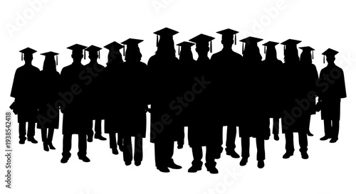 A group of black silhouetted people in graduation attire standing together on a white background, symbolizing education and scholar achievement in a simple illustration.