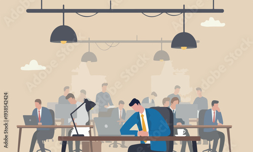 Quiet, exhaustion hard work without recognition concept, unhappy businessman sleeping while working at busy workplace.