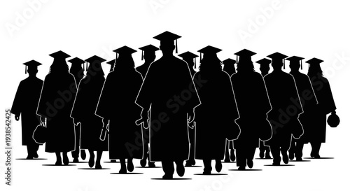 A group of black silhouettes of people wearing graduation caps and gowns standing together on a white background, conveying a sense of education and scholar achievement in a simple
