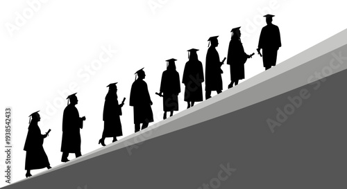 Vector illustration of black silhouettes of people in graduation attire walking up a diagonal path on a white and gray background, symbolizing education and scholar achievement.