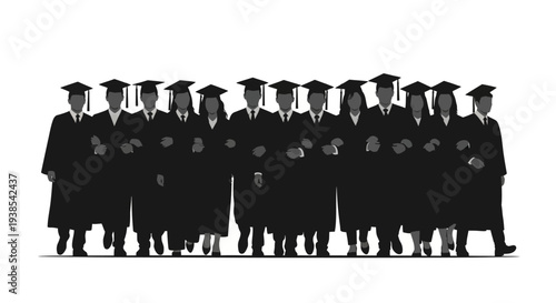 Vector illustration of a group of people in black graduation gowns and caps standing in a row on a white background, symbolizing education and academic achievement.