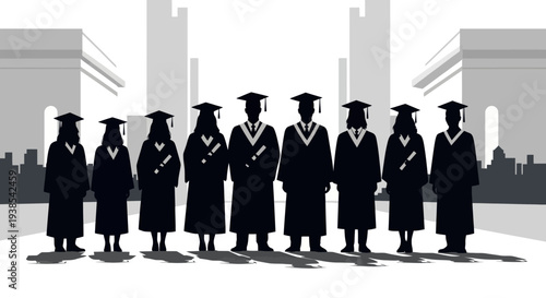 A group of black silhouetted people in graduation attire standing in front of a cityscape background with buildings, representing education and scholar achievement.