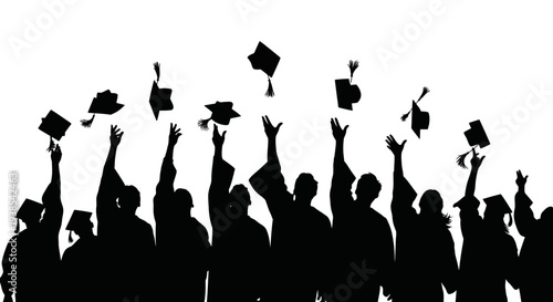 Silhouette illustration of people throwing graduation caps in the air on a white background, symbolizing education and academic achievement with a celebratory mood.