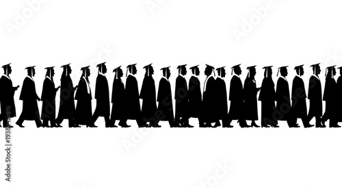 A procession of black silhouettes of people in graduation attire walking in a line on a white background, conveying a sense of education and scholarly achievement.