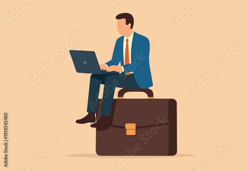 Work experience, expertise or professional employee, specialist skill, occupation or administrator work, wisdom or employment concept, confidence businessman working with computer laptop on briefcase.