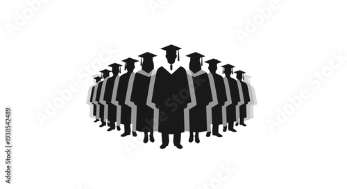 Vector illustration of black silhouettes of people in graduation attire standing together on a white background, symbolizing education and scholarly achievement.