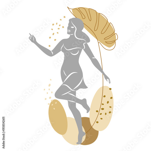 Silhouette of a cute lady and leaves of a plant. The girl is standing. The woman has a beautiful figure. She is young and slim. Vector illustration.