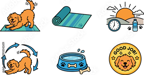 Flat design playful golden retriever puppy stretching on teal yoga mat with water bowl clock and reward medal icons set