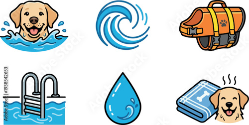 Flat design playful pet swimming icon set featuring happy labrador dog splashing in pool, life jacket, ladder, water droplet, towel
