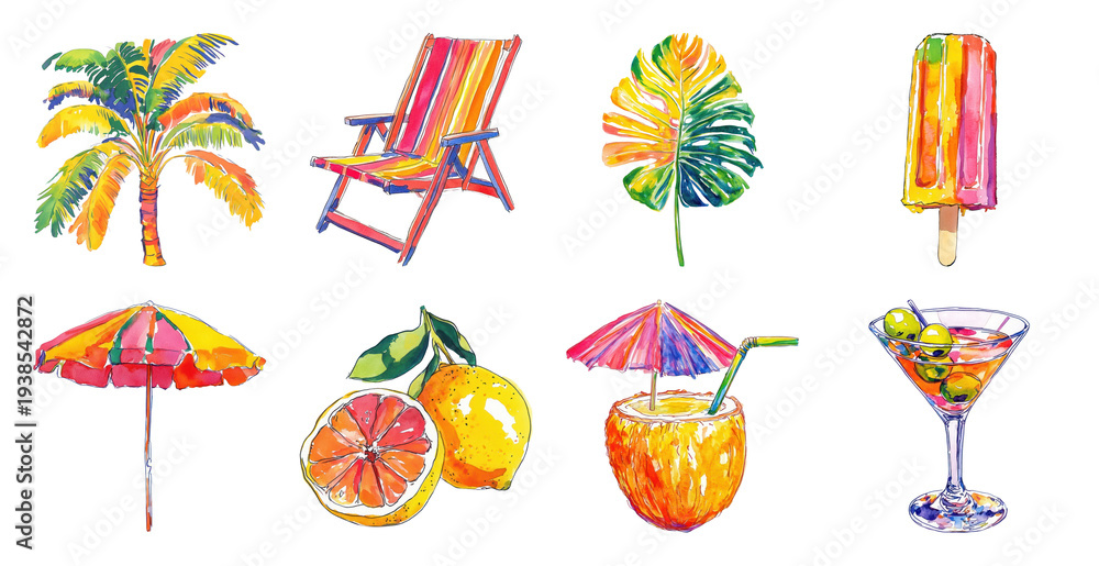 Obraz premium PNG Vibrant summer watercolor illustrations on transparent background