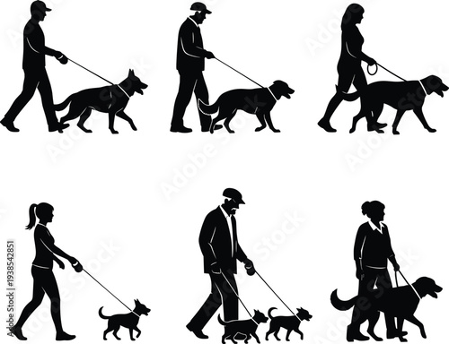 Dog walking silhouettes, large and small breeds, leash poses, black vector set, pet care icons, outdoor activity illustration