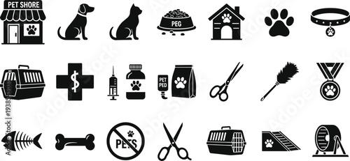 Pet Care Icons Set with Dog Cat Veterinary Grooming Tools Pet Shop Food Bowl Collar Paw Carrier Medical Symbols Black Silhouette Collection Vector