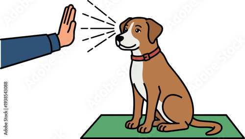 Flat design side view obedient brown dog sitting on green mat being given hand stop command, calm expression, vector art