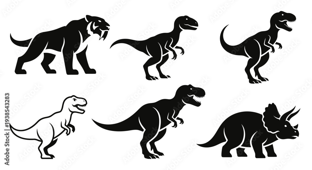 Fototapeta premium Prehistoric Animals Silhouettes Set: Dinosaurs and Saber-toothed Tiger Vector Icons