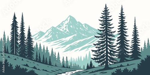 Serene mountain landscape with pine trees and majestic peaks Vector