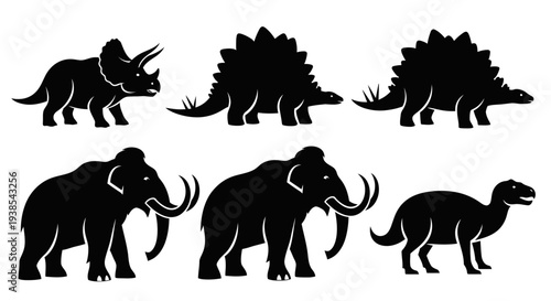 Prehistoric Animals Silhouettes Set: Dinosaurs and Mammoths Vector Collection