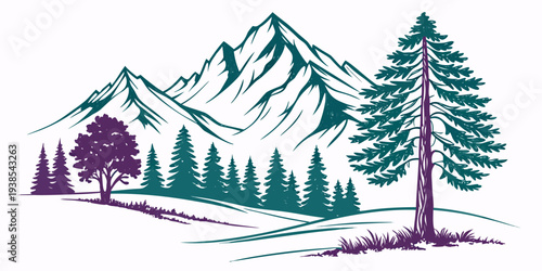 A scenic mountain landscape with trees and mountains Vector