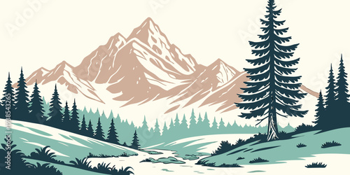 A serene mountain landscape with trees and snow Vector