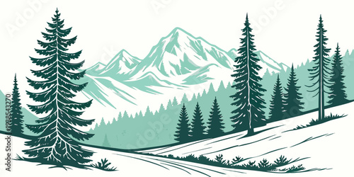 A serene winter landscape with snow covered mountains and evergreen trees Vector