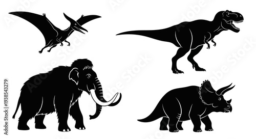 Prehistoric Animals Silhouettes Set: Dinosaurs and Woolly Mammoth Collection