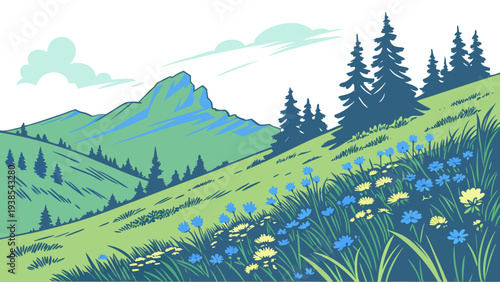 A serene mountain landscape with a field of flowers Vector