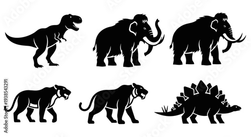 Prehistoric Animals Silhouettes Set: Dinosaurs, Mammoths, and Saber-tooth Tigers