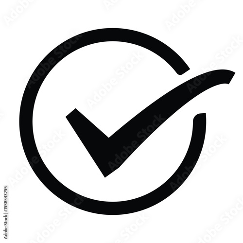 Minimalist Black Circle Check Mark Icon Representing Successful Task Completion Approval Verification and Quality Assurance for Digital Interface Design and Business Documents.