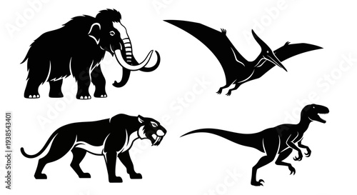 Prehistoric Extinct Animals Silhouettes Set: Mammoth, Pterodactyl, Smilodon, Velociraptor