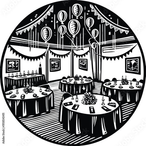 Photos Vector illustration of a decorated party room with balloons and tables